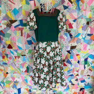 vintage 60s 70s dress red green | M-L | bow floral holly holiday christmas red